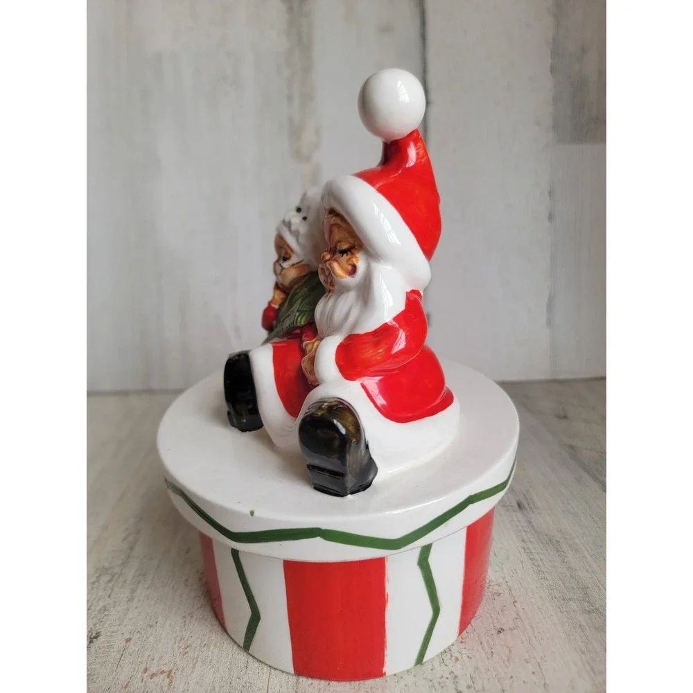 Lefton sleeping Mrs Mr Santa Claus vintage lidded container Xmas home‎